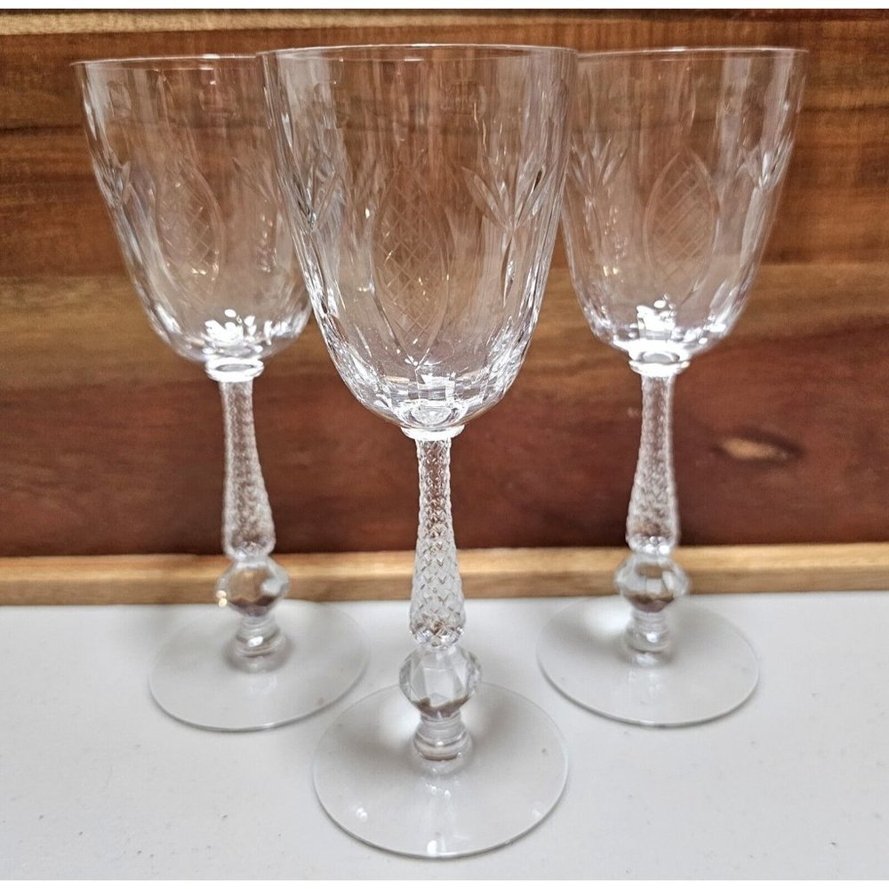 3) Tiffin-Franciscan Duke Etched Wine Glasses 6.25" gem cut stem #17371